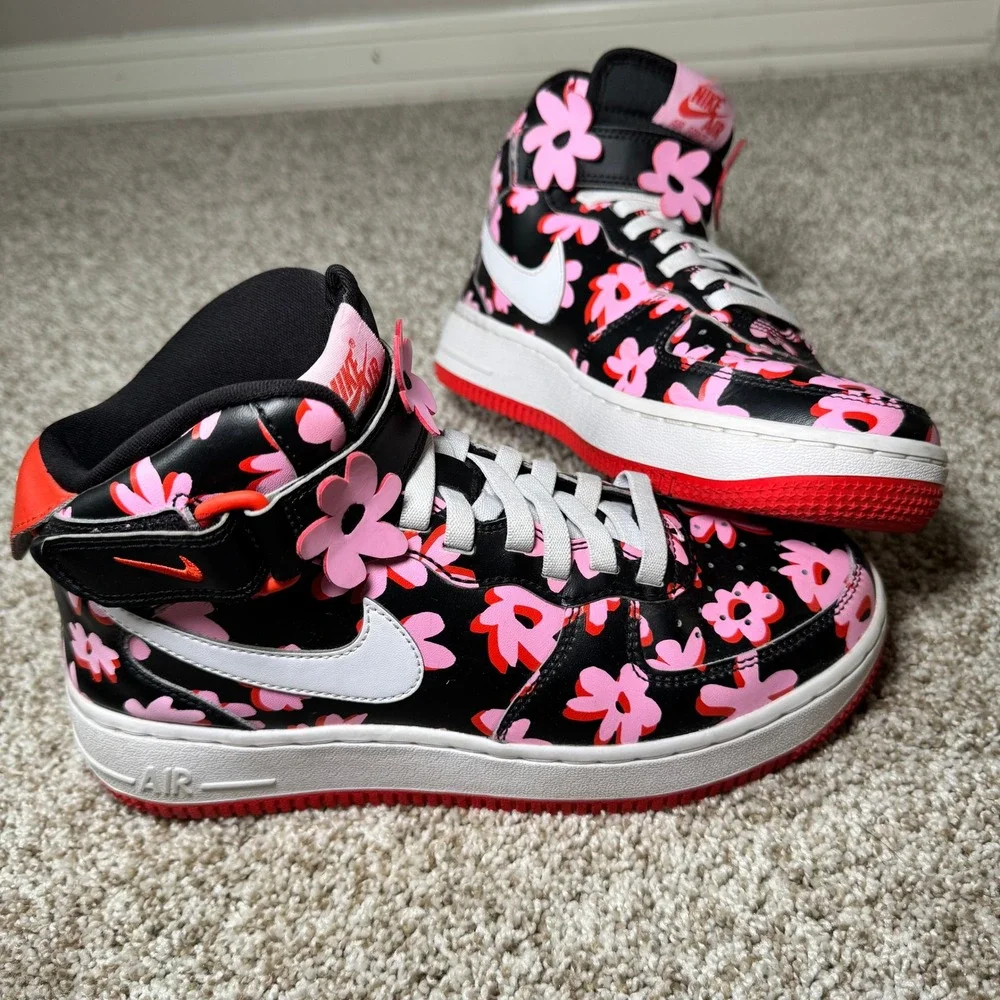 Nike Air Force‎ 1 Size 5.5Y Mid Black Pink Red Floral Charms DX3365-001 Sneaker